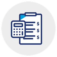 icon of a clipboard with dollar signs on the paper and a calculator
